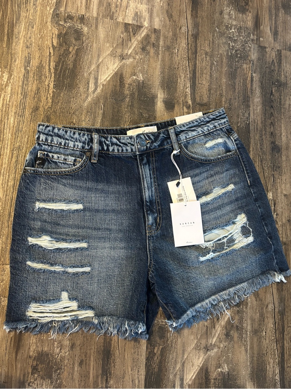 KanCan Distressed Dark Blue Denim Shorts with Frayed Hem